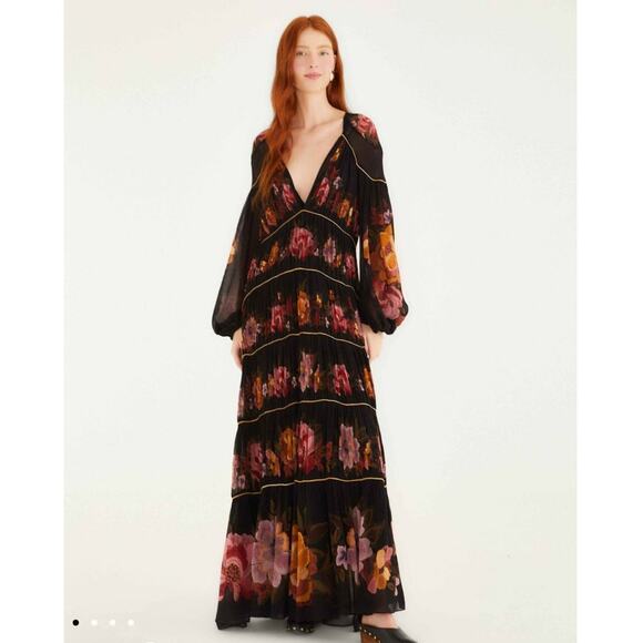 FARM Rio Dresses & Skirts - NWOT: FARM Rio Black Chenille Flowers Long Sleeve Midi Dress Size S